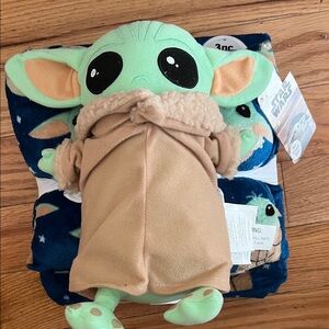 Disney Star Wars Green and Tan Baby Yoda Plush with a travel pillow and blanket